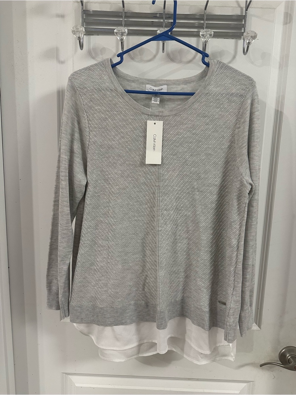 Calvin Klein Light Gray Layered-Hem Crewneck Sweater
